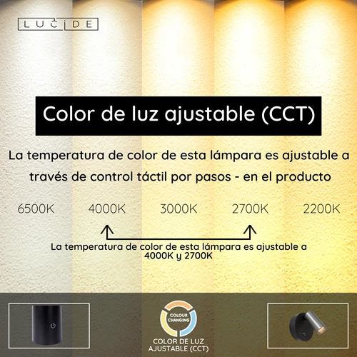 Lucide TONI - Foco de pared / Lámpara de pared Recargable - Batería/acumulador - Ø 8,1 cm - LED Regul. - CCT - 1x2W 2700K/4000K - Sensor movimiento (desactivable) - Magnético - Hierro gris - USP